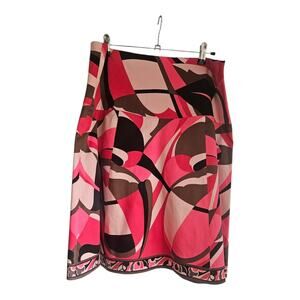 Elie Tahari Skirt Pink Brown Print Drop Waist A-Line Hem Border Women Sz 14 Geo